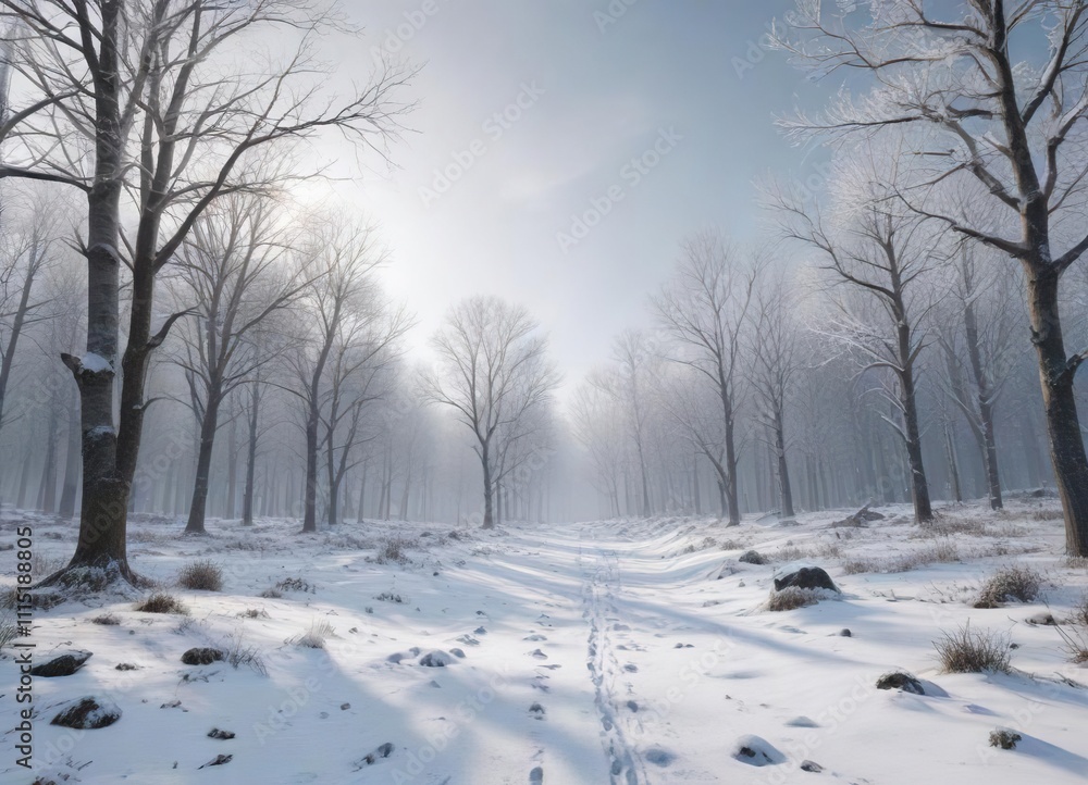 Snowy forest landscape with bare trees and frosty air, frosty air, bare trees, serene scenery Snowy forest landscape with bare trees and frosty air, frosty air, bare trees, serene scenery
