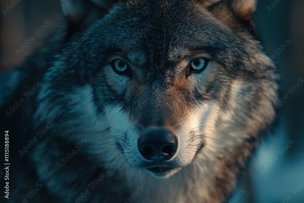 Fototapeta premium A wolf with a blue eye stares at the camera