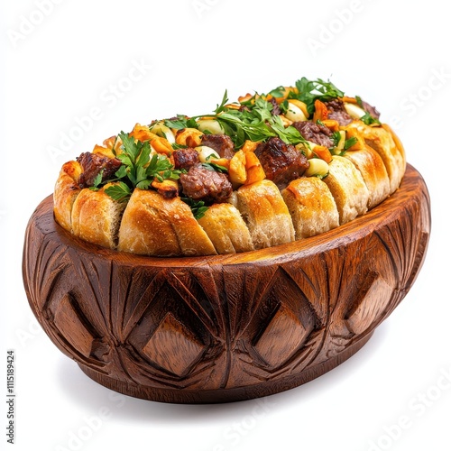 Traditional Romanian Mrior Dish with Bread and Meat in Art Style photo