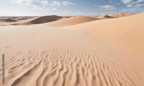 Amber-colored sand dunes stretch across a white sandy beach, desert landscape, expansive view