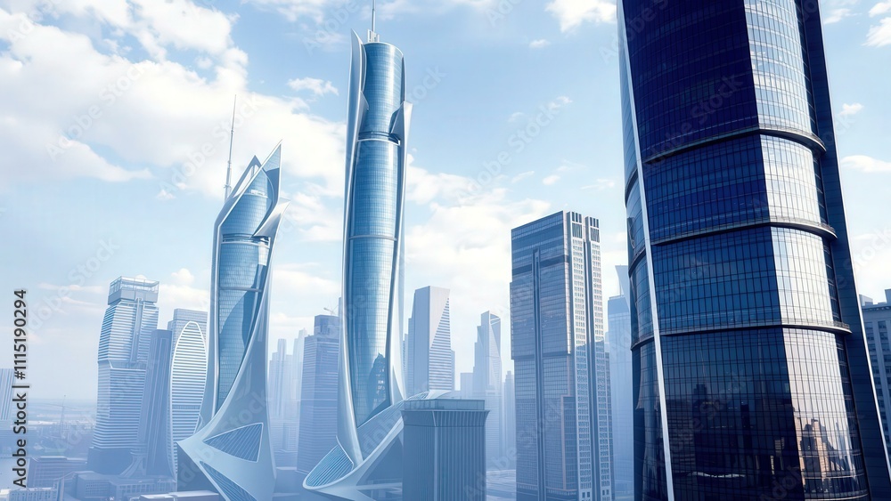 Naklejka premium Futuristic Cityscape: Blue Skyscrapers Against Cloudy Sky, Perfect for Tech Backgrounds and Digital Art