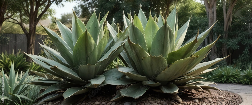 Fototapeta premium Full view of mature Agave Americana Variegata in a garden, succulent plants, xeriscaping