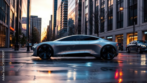 Experience Future Luxury: Drive Through Modern Cityscape with Sleek Silver Electric Car at Sunset photo