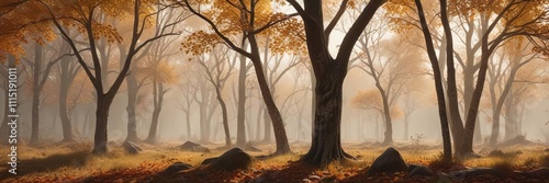 A row of slender branch limbs stretching from the trunk to their fullest extent in the autumn landscape, natural scenery , foliage, warm light photo