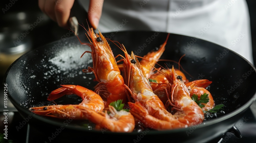 Delicious Red Shrimp Sizzling in a Pan Delicious Red Shrimp Sizzling in a Pan
