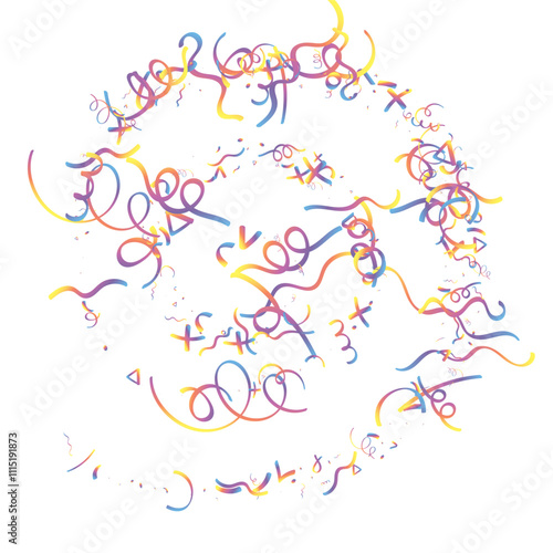 Holographic Memphis Confetti Background. Abstract Vector Geometric Kid Rainbow Pattern. Pride Graphic Lines for Winners and Birthday Cards. 2025 Neon Party. Poster Cover in 80s Style.