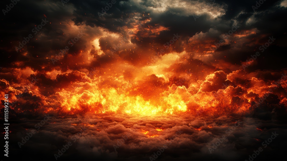 A fiery scene with clouds and fire in the sky A fiery scene with clouds and fire in the sky