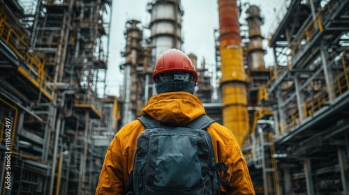 Worker standing amidst refinery industrial structures