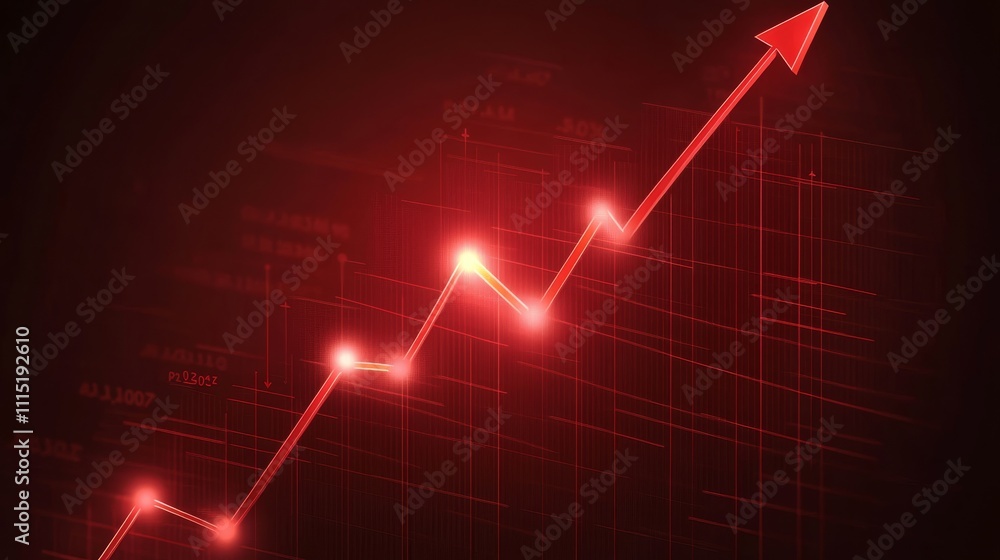 Fototapeta premium Dynamic Red Chart Shows Significant Upward Trend in Data Analysis, Illustrating Growth and Success Over Time in a Futuristic, Digital Landscape