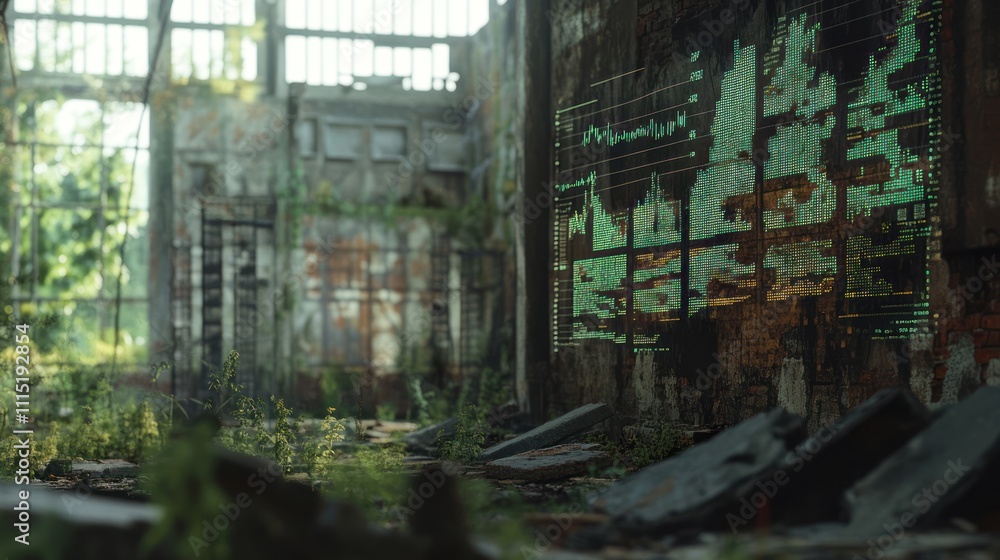 Overgrown Industrial Interior with Data Display Overgrown Industrial Interior with Data Display