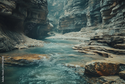 Landscape view of river on shallow spot with plenty of rock and stone, Relaxation stream with water current, Waterfall among canyon with peaceful vibe.