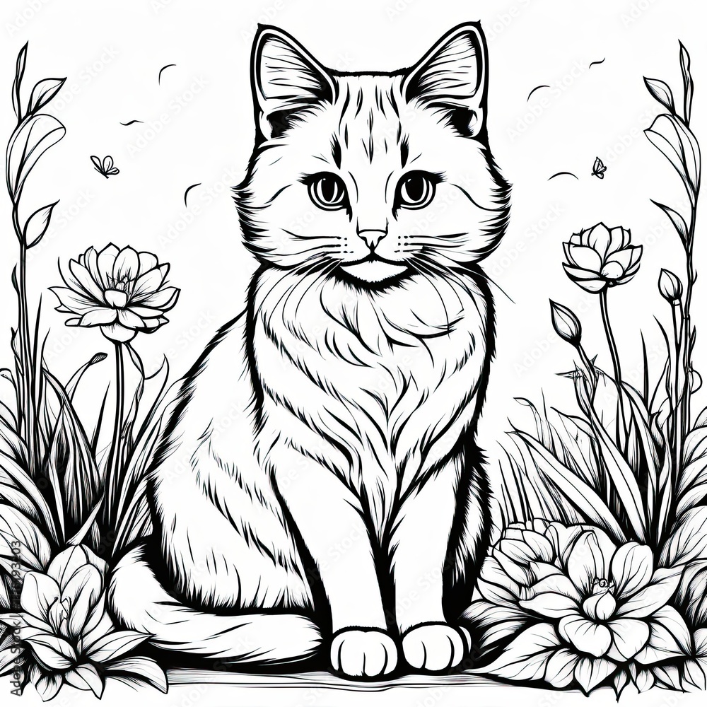 Obraz premium A line art black-and-white illustration of a cute kitten.