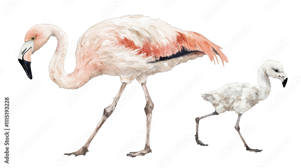 Obraz premium Elegant pink flamingo, a colorful stroll on white