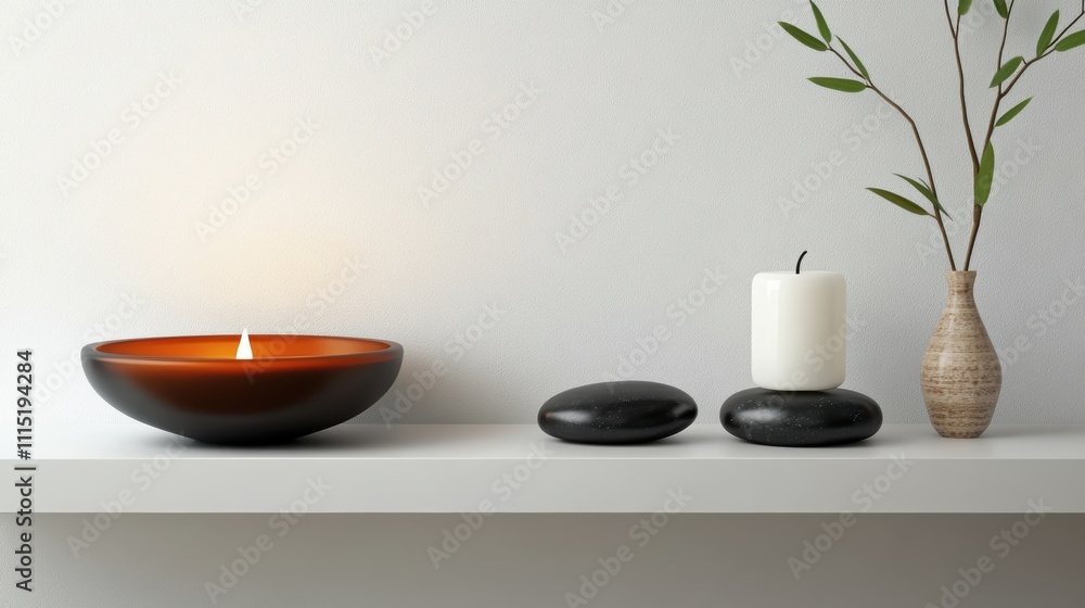 A serene image of a candle and Zen stones on a clean white shelf A serene image of a candle and Zen stones on a clean white shelf