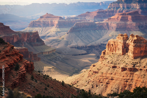 Aerial view of desert land with road path for vehicle, Landscape view of canyon with dirt road under the hill, National park with sand mountain. photo