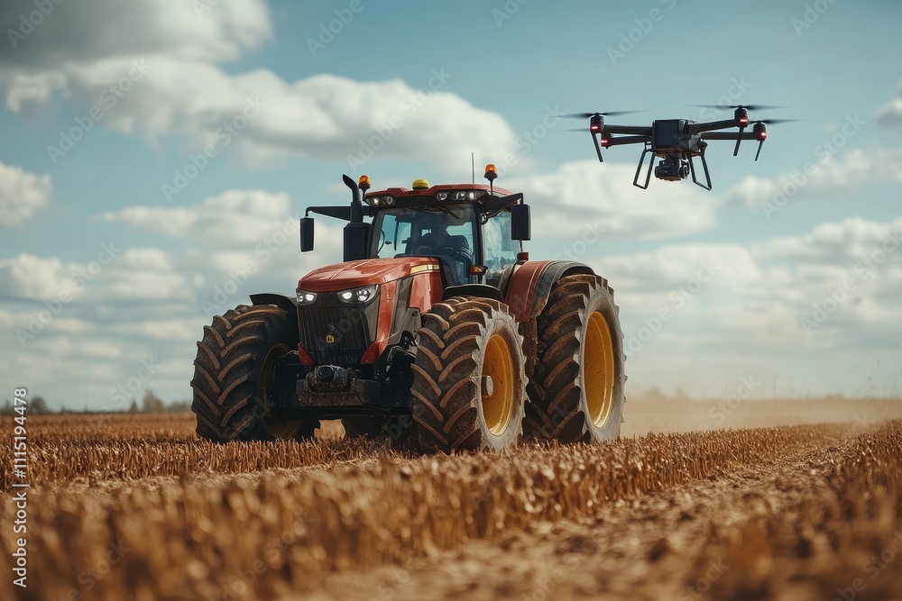 Fototapeta premium Farming Innovation Unfolds With a Tractor and Drone Working Together in a Vast Field on a Sunny Day
