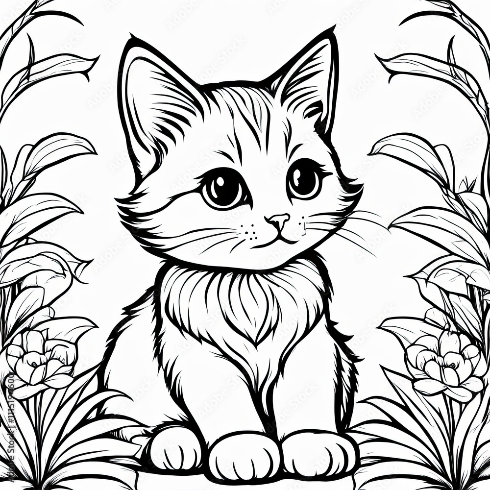 Obraz premium A line art black-and-white illustration of a cute kitten.