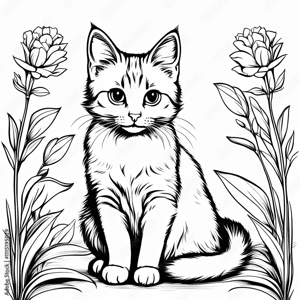 Obraz premium A line art black-and-white illustration of a cute kitten.