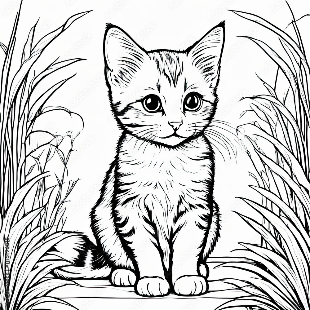 Obraz premium A line art black-and-white illustration of a cute kitten.