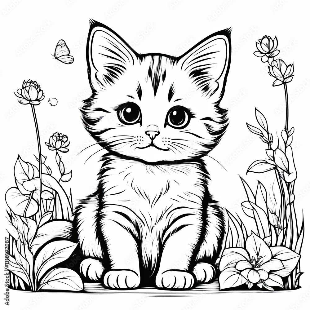 Obraz premium A line art black-and-white illustration of a cute kitten.