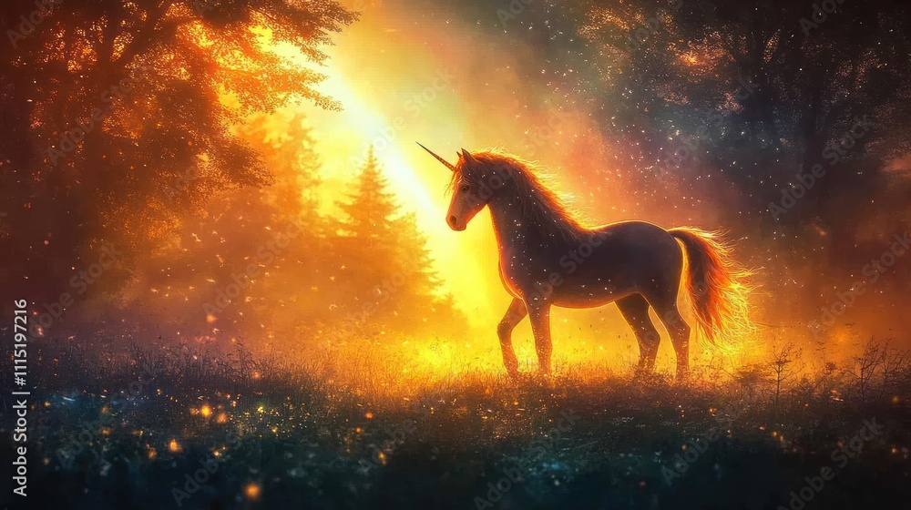 Majestic Unicorn Stands in Golden Forest Light Majestic Unicorn Stands in Golden Forest Light