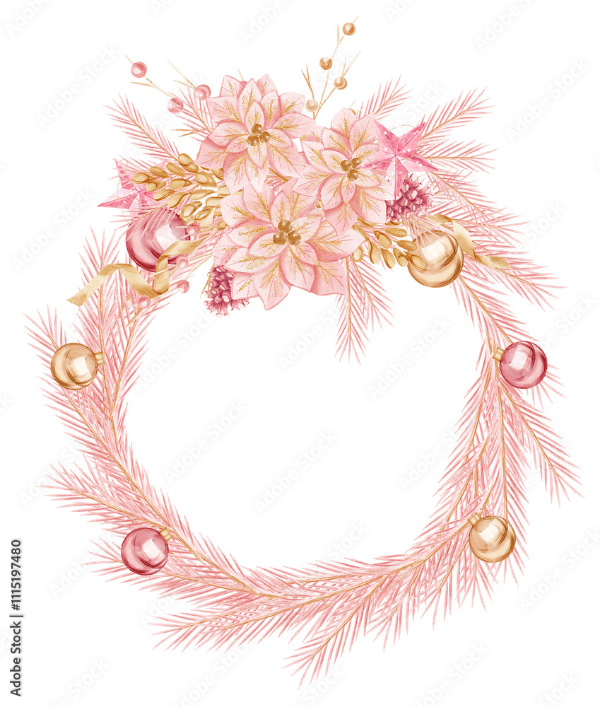 Rose gold Christmas wreath watercolor illustrations Rose gold Christmas wreath watercolor illustrations