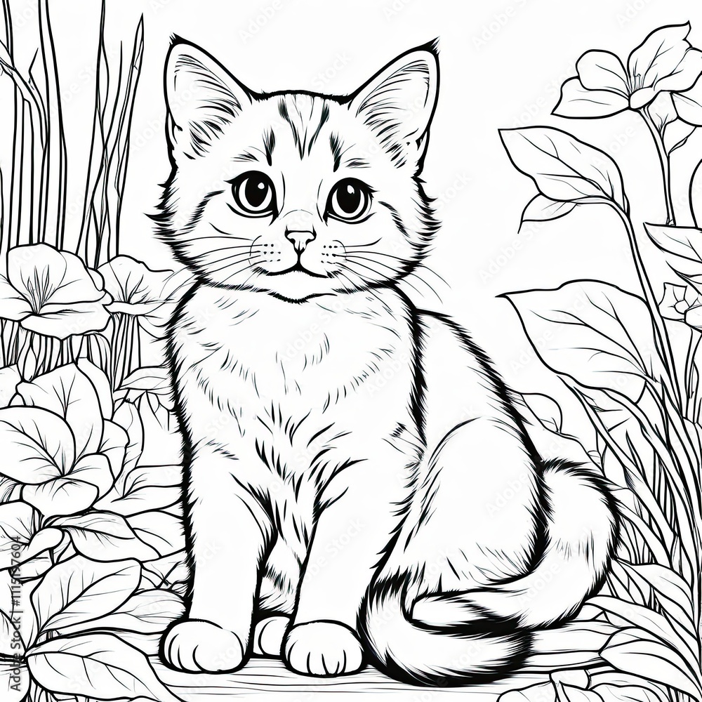 Obraz premium A line art black-and-white illustration of a cute kitten.