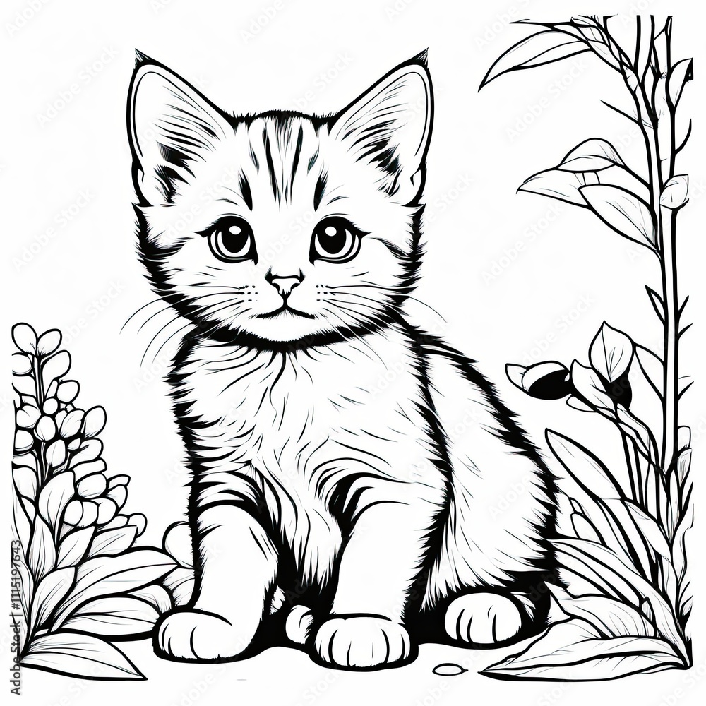 Obraz premium A line art black-and-white illustration of a cute kitten.