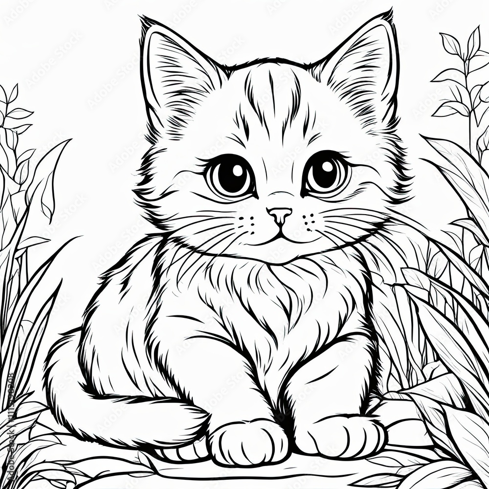 Obraz premium A line art black-and-white illustration of a cute kitten.