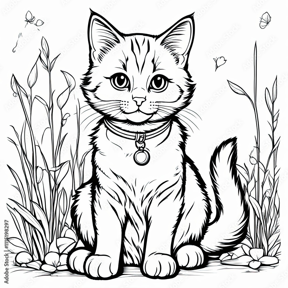 Fototapeta premium A line art black-and-white illustration of a cute kitten.