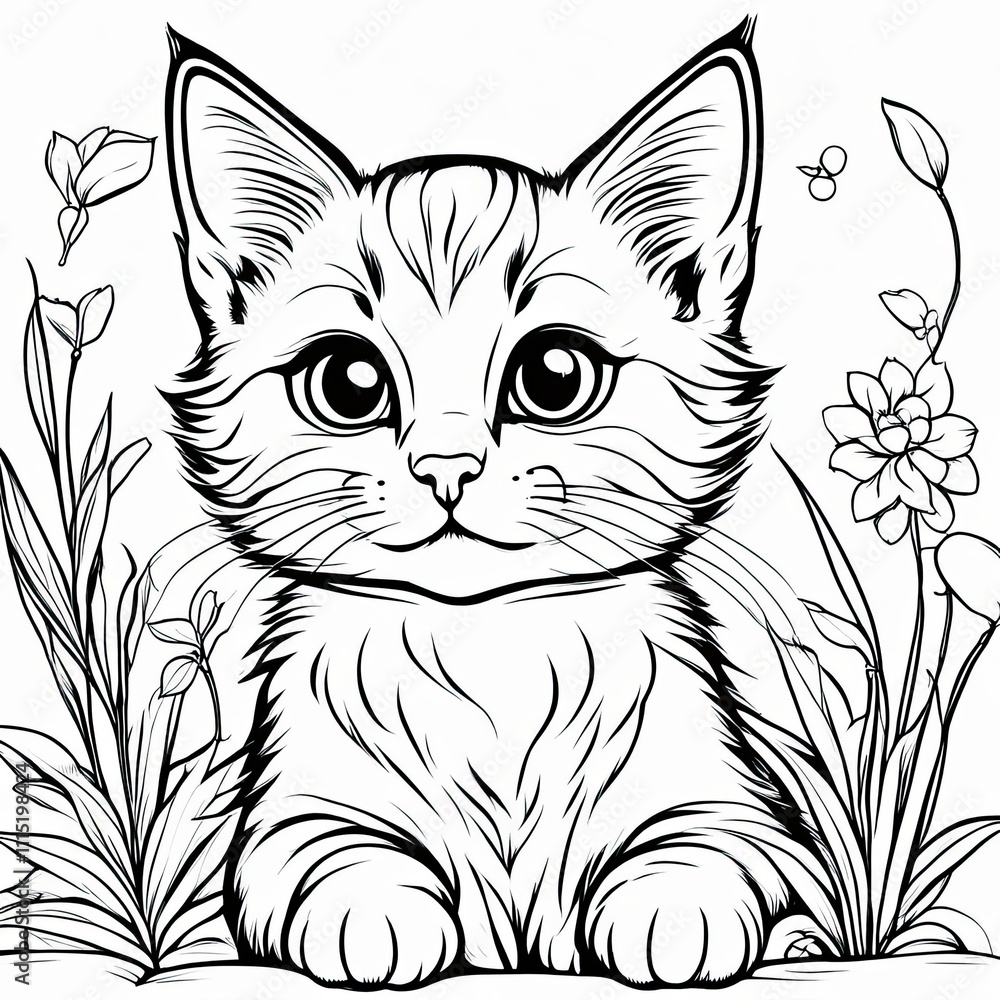 Fototapeta premium A line art black-and-white illustration of a cute kitten.