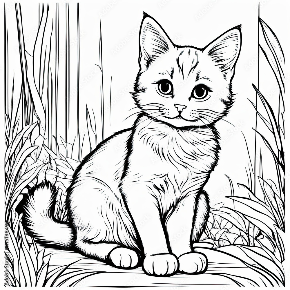 Fototapeta premium A line art black-and-white illustration of a cute kitten.