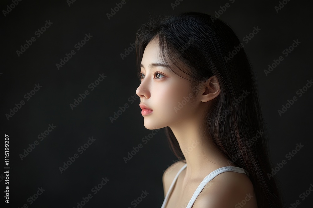 Portrait of young Asian woman long dark hair white tank top soft lighting neutral background Portrait of young Asian woman long dark hair white tank top soft lighting neutral background
