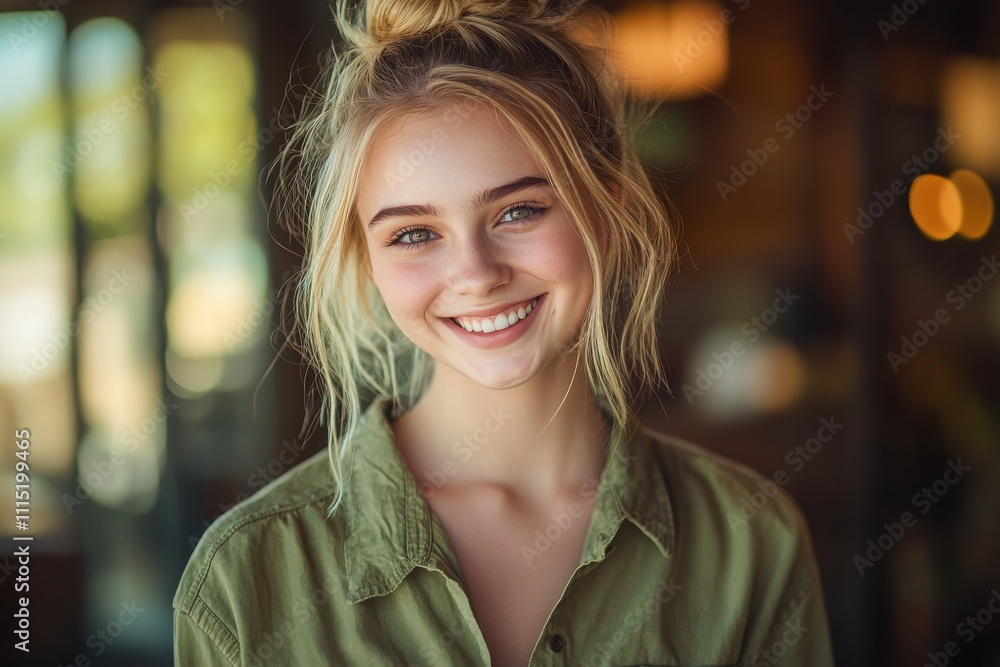 Portrait of young woman blonde hair in bun warm smile green button-up shirt soft lighting indoor setting Portrait of young woman blonde hair in bun warm smile green button-up shirt soft lighting indoor setting