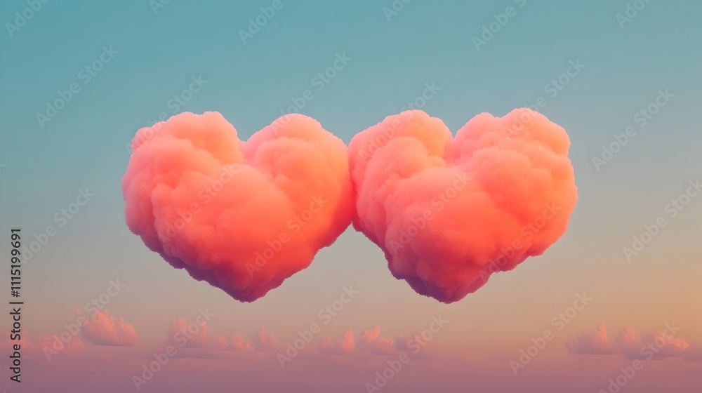 Fototapeta premium Ethereal Heart Shaped Clouds Merging in Vibrant Sunset Sky Dramatic 3D of Romantic Dreamlike Natural Scenery