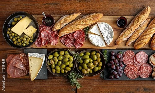 A gourmet spread featuring breads, cheeses, meats, olives, and grapes on a wooden board.