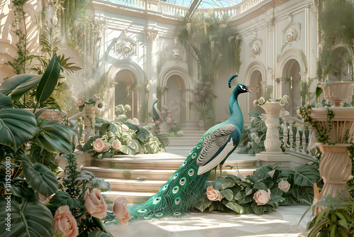 A beautiful Rococo style background with peacocks, marble architecture and lush greenery in pastel colours, detailed digital art photo