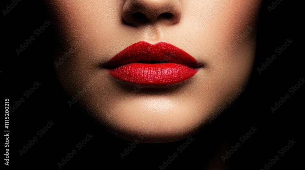 Fototapeta premium A close-up shot highlighting perfectly shaped lips adorned with vibrant red lipstick against a dark background.