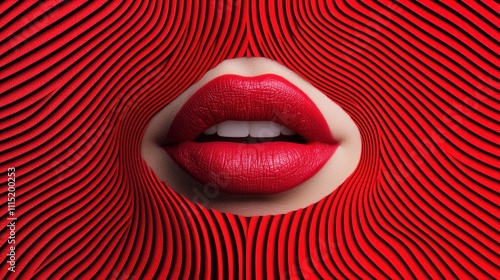 A striking close-up of glossy red lips set against a bold, wavy red background, creating a vibrant and eye-catching visual effect.