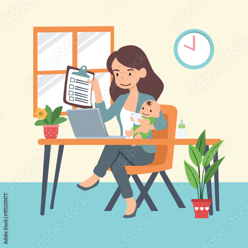 Ilustration vector of a busy mom balancing work and family, expertly multitasking with a laptop while caring for her child