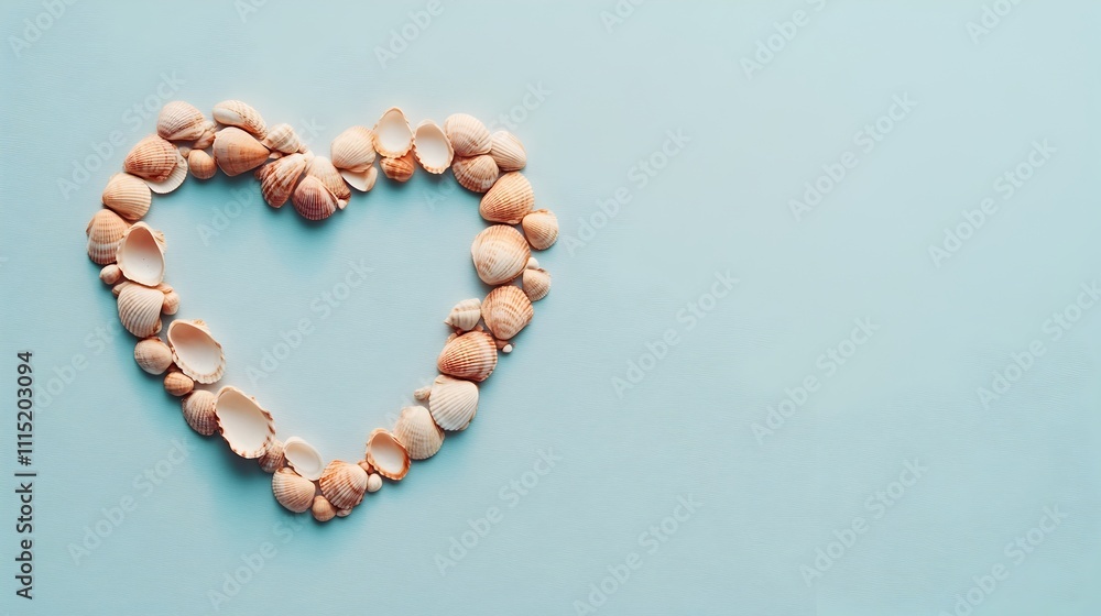 Obraz premium Romantic heart shaped arrangement made of seashells resting on a peaceful sandy beach conveying a sense of serene coastal getaway and tranquil natural beauty in a 3D digital