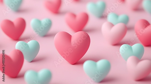 Enchanting Floating Hearts with Dreamy Pink Bokeh Backdrop   Captivating 3D of Romantic Soft and Elegant Floating Heart Elements Against a Glowing Pastel Toned Backdrop