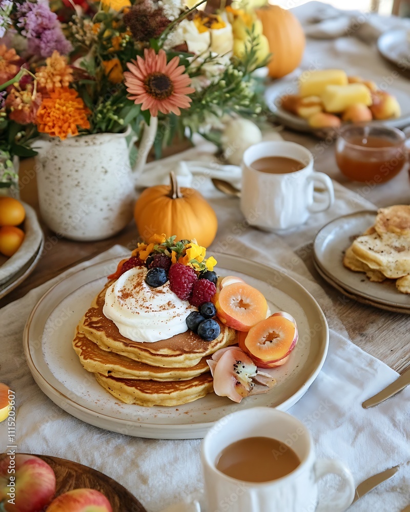 Thanksgiving Feast Setup, Thanksgiving Brunch Table with Pumpkin Pancakes and Flowers Thanksgiving Feast Setup, Thanksgiving Brunch Table with Pumpkin Pancakes and Flowers