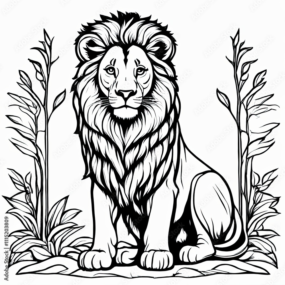 Obraz premium A line art black-and-white illustration of a cute Lion