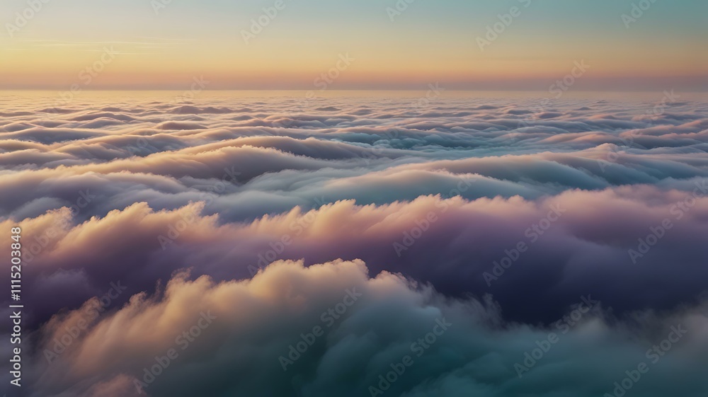 Obraz premium A gradient of pastel colors blending into misty whites, evoking the softness of the early morning over a sea of fog.