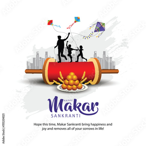 Indian festival Happy Makar Sankranti poster design with group of colorful kites flying cloudy sky. abstract vector illustration design.