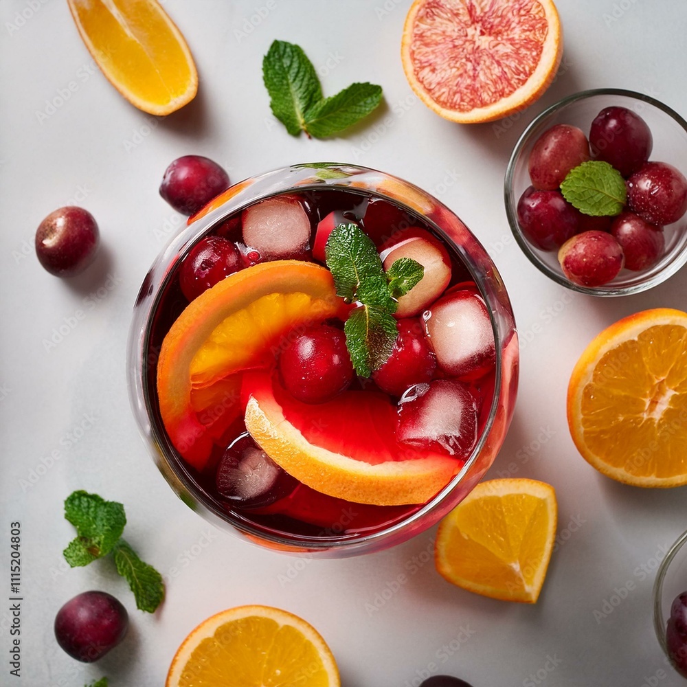 Naklejka premium Modern flat lay of a sangria glass with red wine, fruit slices, ice, and garnishes, perfect for vibrant summer menus and festive promotions
