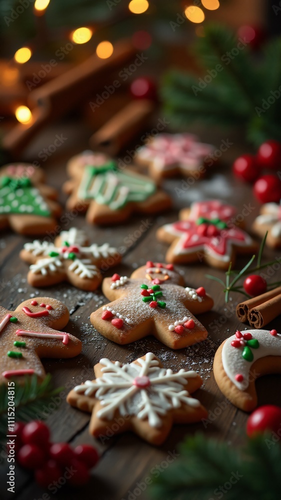 Obraz premium A delightful spread of Christmas cookies shaped like snowmen, stars, and stockings, adorned with royal icing, edible glitter, and sprinkles. Displayed on a rustic table with pine branches 