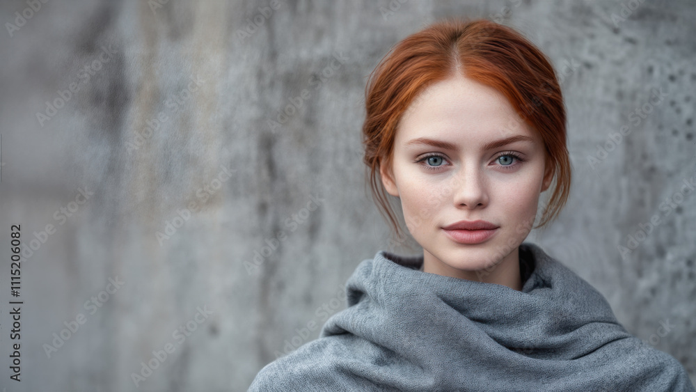 A beautiful model with red hair and a pale but stunning complexion. The woman is wrapped in a gray shawl, and she is standing against a gray stone wall. Natural makeup. Skin care and cosmetics. A beautiful model with red hair and a pale but stunning complexion. The woman is wrapped in a gray shawl, and she is standing against a gray stone wall. Natural makeup. Skin care and cosmetics.