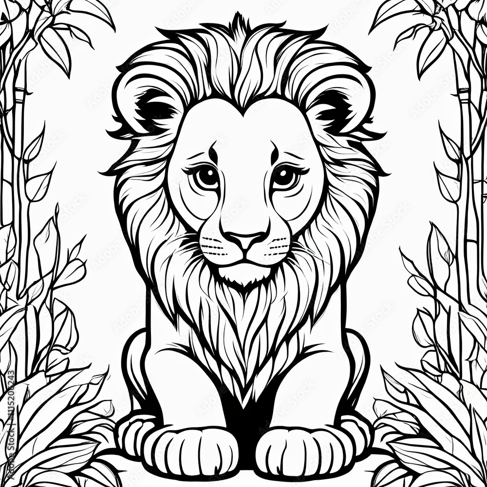 Obraz premium A line art black-and-white illustration of a cute Lion